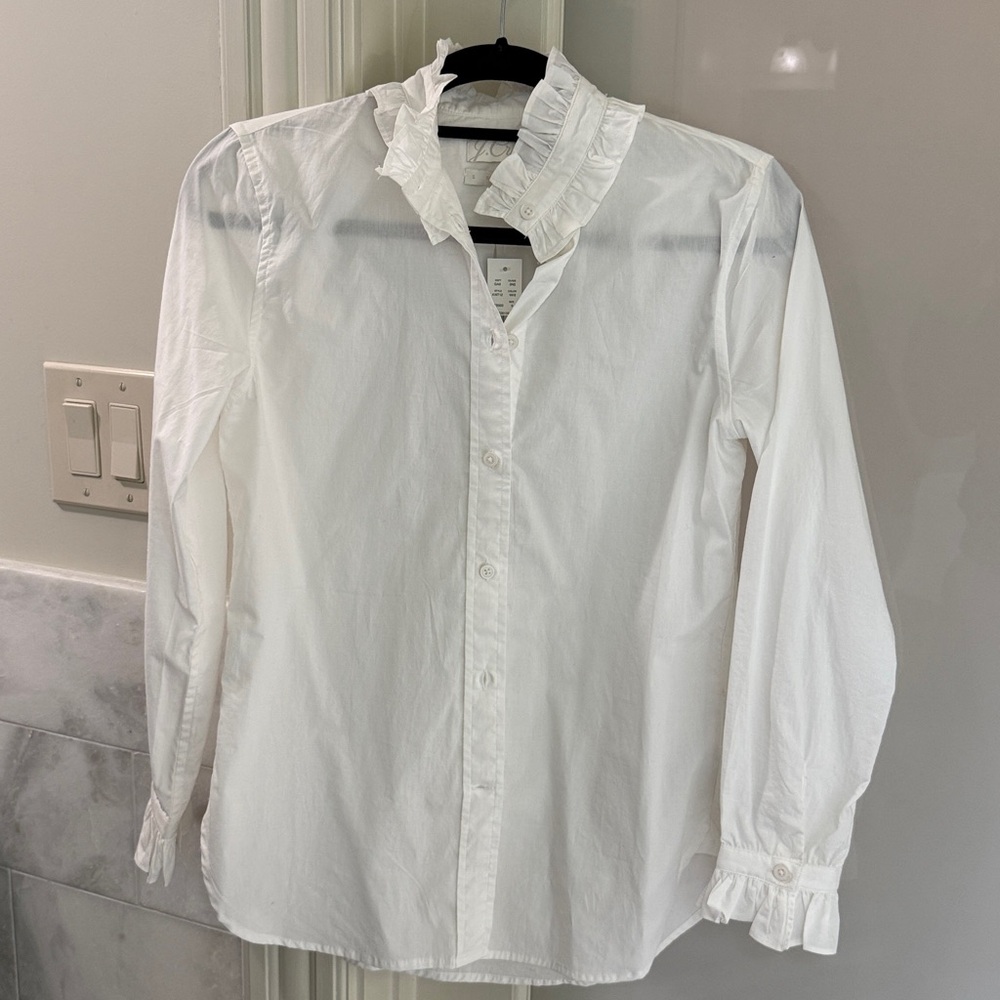 NWT: J. Crew White Cotton Button Long Sleeve Blouse ruffle collar/ sleeve Size 0